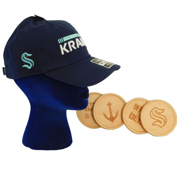 NHL Seattle Kraken Hockey Hat & Coaster Lot Fanatics Adjustable Blue Cotton NWT - Picture 1 of 15